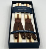 Albert Thurston for Cruciani & Bella Made in England Adjustable Sizing 25 mm elastic braces Beige, Light Brown Stripes Braid ends Y-Shaped Nickel Fittings Size: XL