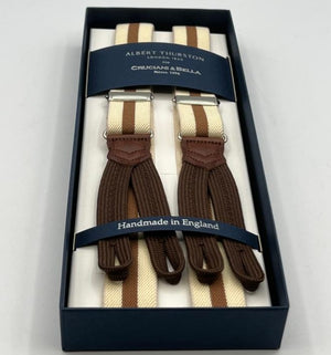 Albert Thurston for Cruciani & Bella Made in England Adjustable Sizing 25 mm elastic braces Beige, Light Brown Stripes Braid ends Y-Shaped Nickel Fittings Size: XL