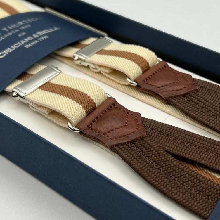 Albert Thurston for Cruciani & Bella Made in England Adjustable Sizing 25 mm elastic braces Beige, Light Brown Stripes Braid ends Y-Shaped Nickel Fittings Size: XL