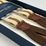 Albert Thurston for Cruciani & Bella Made in England Adjustable Sizing 25 mm elastic braces Beige, Light Brown Stripes Braid ends Y-Shaped Nickel Fittings Size: XL