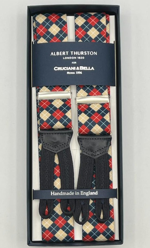 lbert Thurston for Cruciani & Bella Made in England Adjustable Sizing 35 mm Elastic Braces Red, Blue and Ecru Motiif Braid ends Y-Shaped Nickel Fittings Size: L
