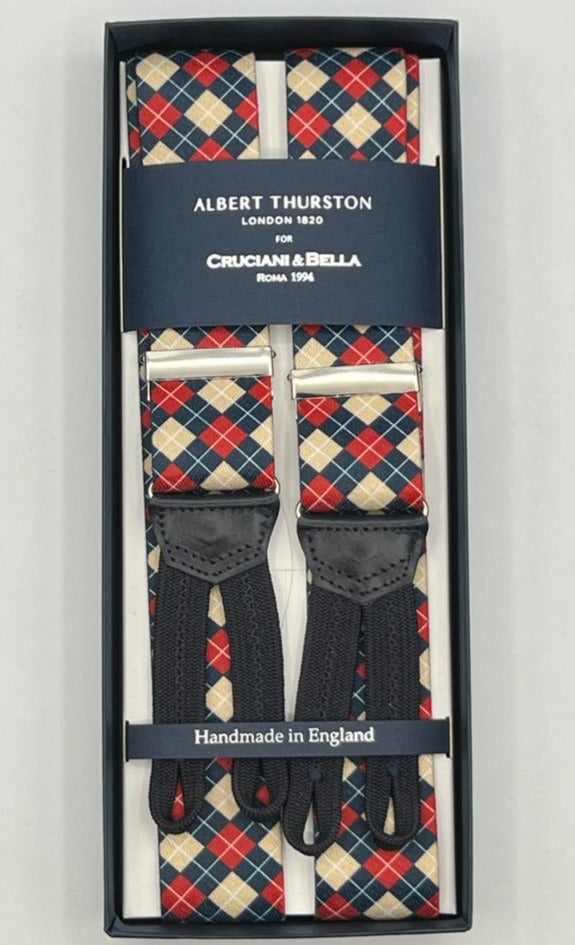 lbert Thurston for Cruciani & Bella Made in England Adjustable Sizing 35 mm Elastic Braces Red, Blue and Ecru Motiif Braid ends Y-Shaped Nickel Fittings Size: L