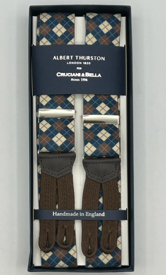 Albert Thurston for Cruciani & Bella Made in England Adjustable Sizing 35 mm Elastic Braces Ecru, Blue and Brown Motiif Braid ends Y-Shaped Nickel Fittings Size: L