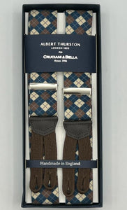 Albert Thurston for Cruciani & Bella Made in England Adjustable Sizing 35 mm Elastic Braces Ecru, Blue and Brown Motiif Braid ends Y-Shaped Nickel Fittings Size: L