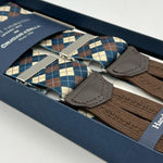 Albert Thurston for Cruciani & Bella Made in England Adjustable Sizing 35 mm Elastic Braces Ecru, Blue and Brown Motiif Braid ends Y-Shaped Nickel Fittings Size: L