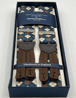 Albert Thurston for Cruciani & Bella Made in England Adjustable Sizing 35 mm Elastic Braces Ecru, Blue and Brown Motiif Braid ends Y-Shaped Nickel Fittings Size: L