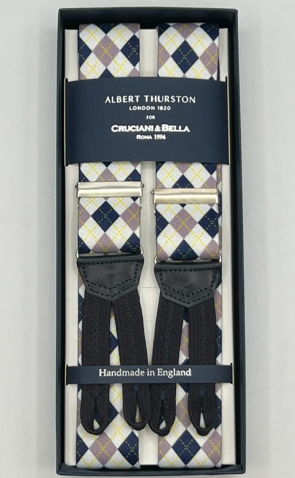 Albert Thurston for Cruciani & Bella Made in England Adjustable Sizing 35 mm Elastic Braces White, Blue and Purple Motiif Braid ends Y-Shaped Nickel Fittings Size: L
