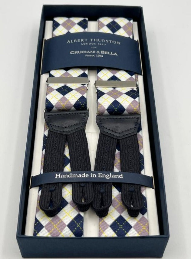 Albert Thurston for Cruciani & Bella Made in England Adjustable Sizing 35 mm Elastic Braces White, Blue and Purple Motiif Braid ends Y-Shaped Nickel Fittings Size: L
