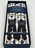 Albert Thurston for Cruciani & Bella Made in England Adjustable Sizing 35 mm Elastic Braces White, Blue and Purple Motiif Braid ends Y-Shaped Nickel Fittings Size: L