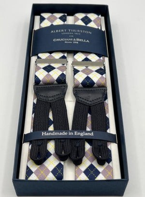 Albert Thurston for Cruciani & Bella Made in England Adjustable Sizing 35 mm Elastic Braces White, Blue and Purple Motiif Braid ends Y-Shaped Nickel Fittings Size: L