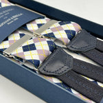 Albert Thurston for Cruciani & Bella Made in England Adjustable Sizing 35 mm Elastic Braces White, Blue and Purple Motiif Braid ends Y-Shaped Nickel Fittings Size: L