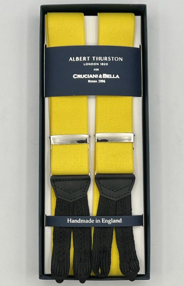 Albert Thurston for Cruciani & Bella Made in England Adjustable Sizing 35 mm Elastic Braces Yellow Plain Braces Braid ends Y-Shaped Nickel Fittings Size: XL