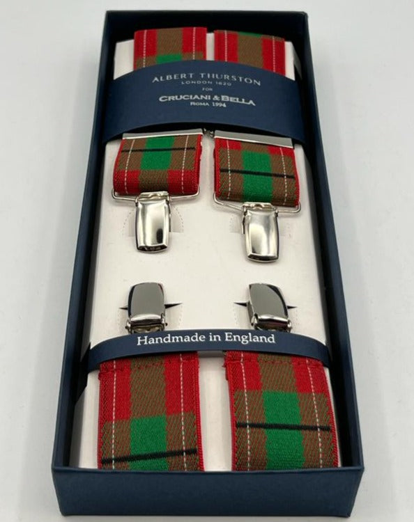 Albert Thurston for Cruciani & Bella Made in England Clip on Adjustable Sizing 35 mm elastic braces Red Tartan X-Shaped Nickel Fittings Size: L