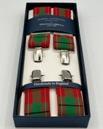 Albert Thurston for Cruciani & Bella Made in England Clip on Adjustable Sizing 35 mm elastic braces Red Tartan X-Shaped Nickel Fittings Size: L