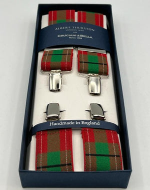 Albert Thurston for Cruciani & Bella Made in England Clip on Adjustable Sizing 35 mm elastic braces Red Tartan X-Shaped Nickel Fittings Size: L