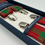 Albert Thurston for Cruciani & Bella Made in England Clip on Adjustable Sizing 35 mm elastic braces Red Tartan X-Shaped Nickel Fittings Size: L
