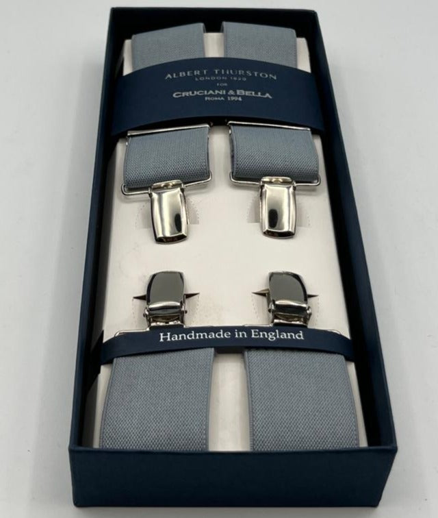 Albert Thurston for Cruciani & Bella Made in England Clip on Adjustable Sizing 35 mm elastic braces Light Grey  X-Shaped Nickel Fittings Size: L