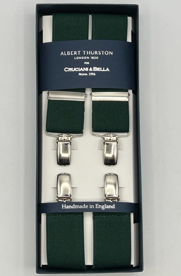 Albert Thurston for Cruciani & Bella Made in England Clip on Adjustable Sizing 35 mm elastic braces Forrest Green X-Shaped Nickel Fittings Size: L