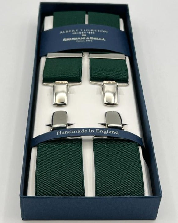 Albert Thurston for Cruciani & Bella Made in England Clip on Adjustable Sizing 35 mm elastic braces Forrest Green X-Shaped Nickel Fittings Size: L