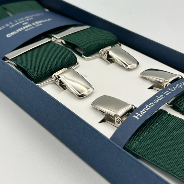 Albert Thurston for Cruciani & Bella Made in England Clip on Adjustable Sizing 35 mm elastic braces Forrest Green X-Shaped Nickel Fittings Size: L