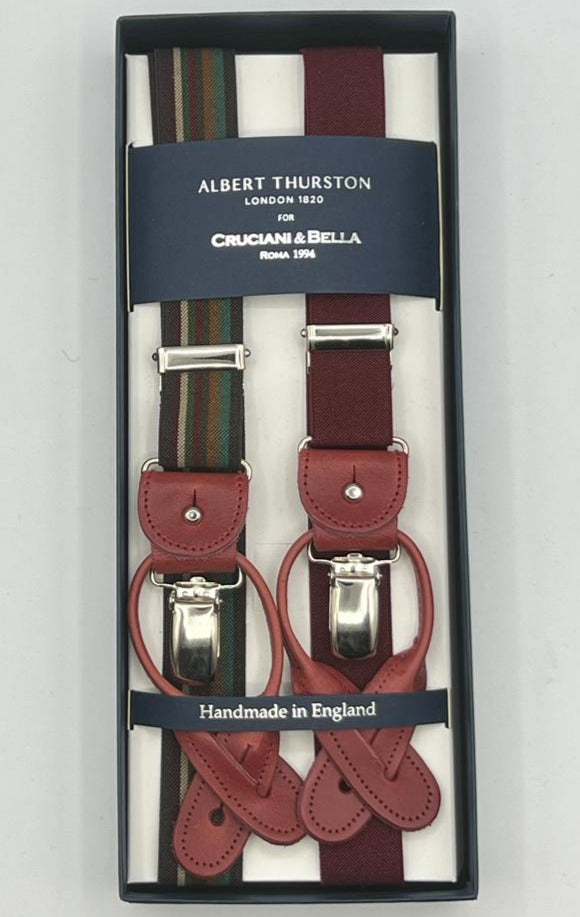 Albert Thurston for Cruciani & Bella Made in England 2 in 1 Adjustable Sizing 25 mm elastic braces Red Wine, Multicolor Fancy Stripes Y-Shaped Nickel Fittings Size XL