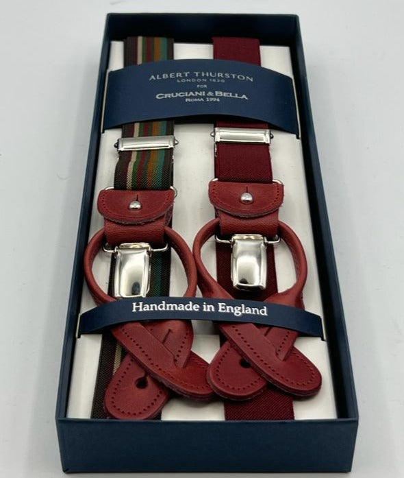 Albert Thurston for Cruciani & Bella Made in England 2 in 1 Adjustable Sizing 25 mm elastic braces Red Wine, Multicolor Fancy Stripes Y-Shaped Nickel Fittings Size XL