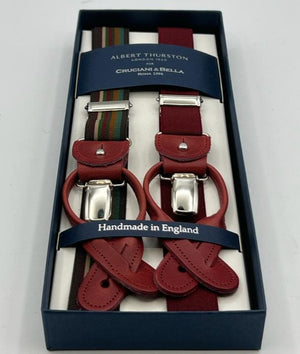 Albert Thurston for Cruciani & Bella Made in England 2 in 1 Adjustable Sizing 25 mm elastic braces Red Wine, Multicolor Fancy Stripes Y-Shaped Nickel Fittings Size XL