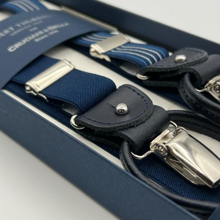Albert Thurston for Cruciani & Bella Made in England 2 in 1 Adjustable Sizing 25 mm elastic braces Blue, Light Blue and Grey Multicolor Fancy Stripes Y-Shaped Nickel Fittings Size XL