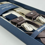 Albert Thurston for Cruciani & Bella Made in England 2 in 1 Adjustable Sizing 25 mm elastic braces Blue, Beige Harringbone Exclusive Y-Shaped Nickel Fittings Size XL