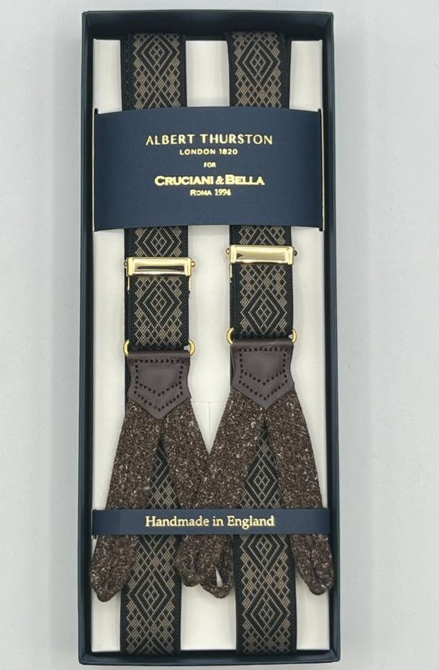 Albert Thurston for Cruciani & Bella Made in England Adjustable Sizing 25 mm elastic braces Black, Brown Patterned Braid ends Y-Shaped Gold Fittings Size: XL