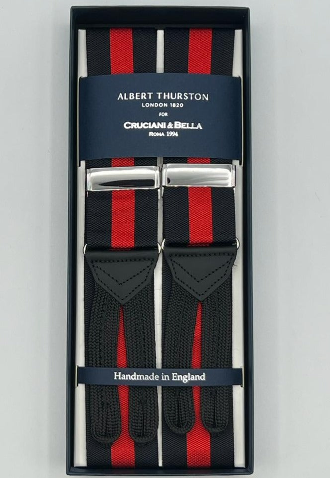 Albert Thurston for Cruciani & Bella Made in England Adjustable Sizing 40 mm Woven Barathea  Black and Red Stripes Braces Braid ends Y-Shaped Nickel Fittings Size: XL