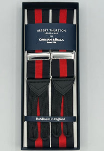 Albert Thurston for Cruciani & Bella Made in England Adjustable Sizing 40 mm Woven Barathea  Black and Red Stripes Braces Braid ends Y-Shaped Nickel Fittings Size: XL