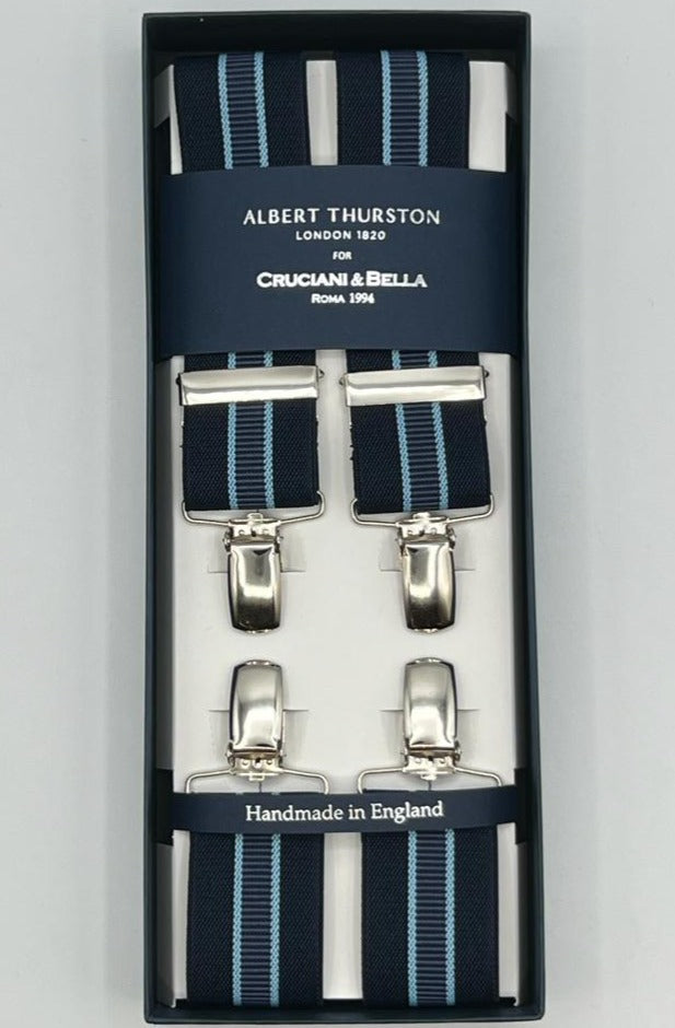Albert Thurston for Cruciani & Bella Made in England Clip on Adjustable Sizing 35 mm elastic braces Blue, Light Blue Stripes X-Shaped Nickel Fittings Size: XL
