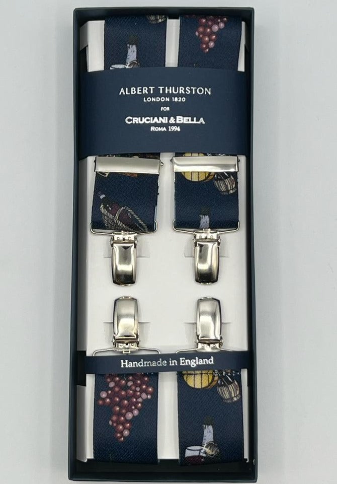 Albert Thurston for Cruciani & Bella Made in England Clip on Adjustable Sizing 35 mm elastic braces Blue, Yellow and Wine Motif X-Shaped Nickel Fittings Size: XL