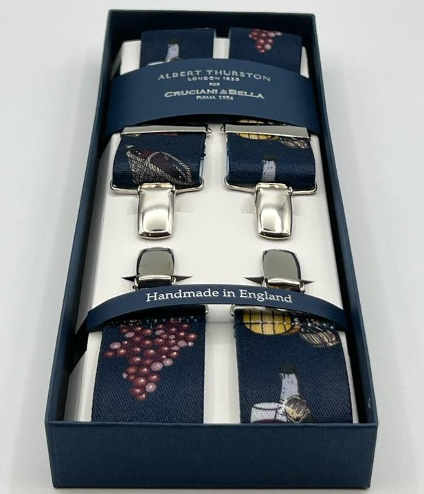 Albert Thurston for Cruciani & Bella Made in England Clip on Adjustable Sizing 35 mm elastic braces Blue, Yellow and Wine Motif X-Shaped Nickel Fittings Size: XL