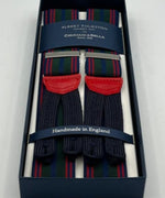Albert Thurston for Cruciani & Bella Made in England Adjustable Sizing 35 mm Elastic Braces Green, Red and Blue Stripes Braid ends Y-Shaped Nickel Fittings Size: XL