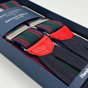 Albert Thurston for Cruciani & Bella Made in England Adjustable Sizing 35 mm Elastic Braces Green, Red and Blue Stripes Braid ends Y-Shaped Nickel Fittings Size: XL