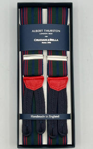 Albert Thurston for Cruciani & Bella Made in England Adjustable Sizing 35 mm Elastic Braces Green, Red and Blue Stripes Braid ends Y-Shaped Nickel Fittings Size: XL