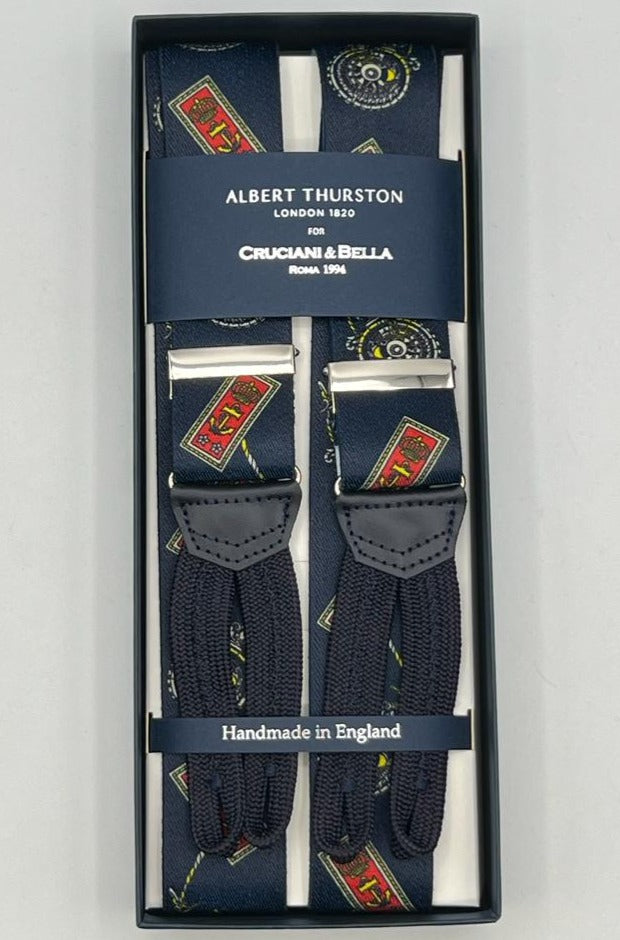 Albert Thurston for Cruciani & Bella Made in England Adjustable Sizing 35 mm Elastic Braces Blue, Red and Yellow Marine Motif Braid ends Y-Shaped Nickel Fittings Size: XL