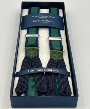 Albert Thurston for Cruciani & Bella Made in England Adjustable Sizing 25 mm elastic braces Blue and Green Stripe Braid ends Y-Shaped Nickel Fittings Size: XL