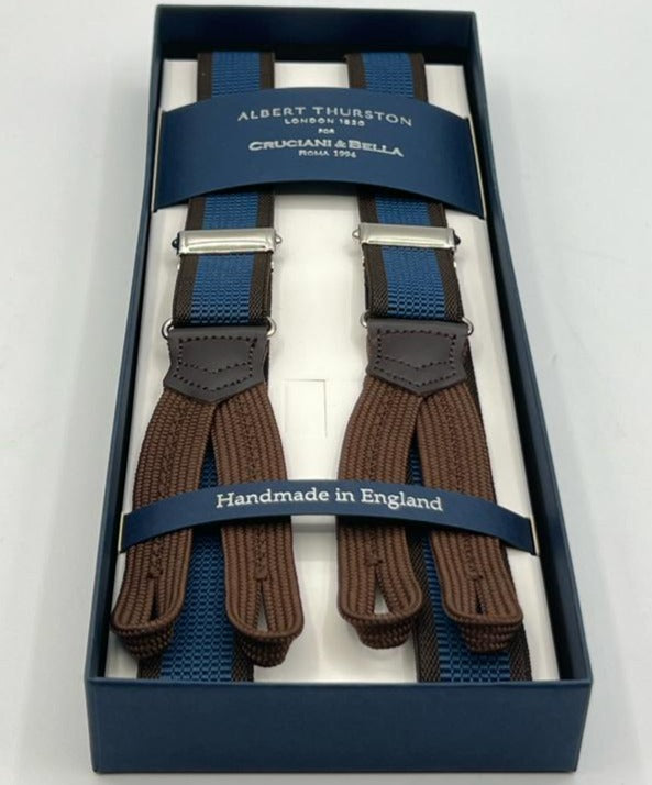 Albert Thurston for Cruciani & Bella Made in England Adjustable Sizing 25 mm elastic braces Blue and Brown Stripe Braid ends Y-Shaped Nickel Fittings Size XL