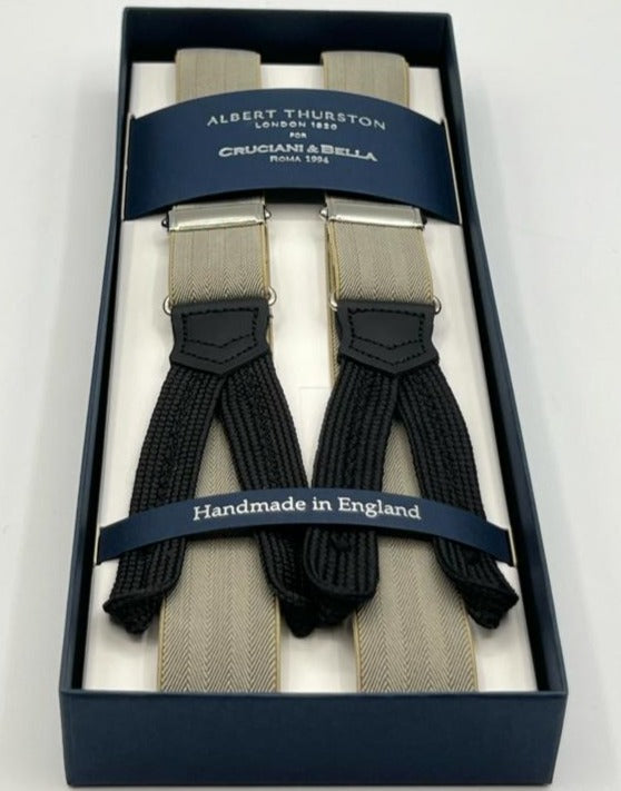 Albert Thurston for Cruciani & Bella Made in England Adjustable Sizing 25 mm elastic braces Natural Ecrù Harringbone Braid ends Y-Shaped Nickel Fittings Size XL