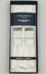 Albert Thurston for Cruciani & Bella Made in England Adjustable Sizing 32 mm Woven Barathea  White Moiré  braces Braid ends Y-Shaped Nickel Fittings Size: XL