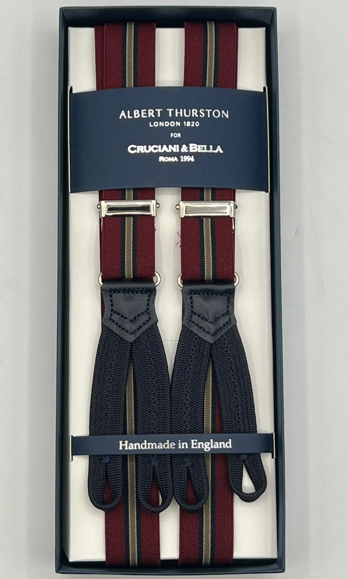 Albert Thurston for Cruciani & Bella Made in England Adjustable Sizing 25 mm elastic braces  Burgundy and Blue Stripes Braid ends Y-Shaped Nickel Fittings Size: XL