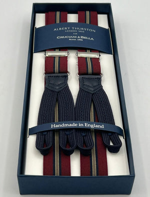 Albert Thurston for Cruciani & Bella Made in England Adjustable Sizing 25 mm elastic braces  Burgundy and Blue Stripes Braid ends Y-Shaped Nickel Fittings Size: XL