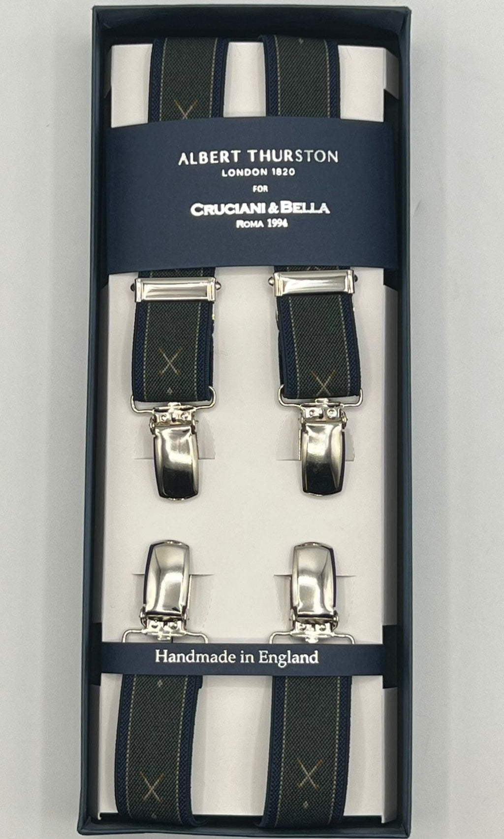 Albert Thurston for Cruciani & Bella Made in England Clip on Adjustable Sizing 25 mm elastic braces Green, Blue Golf Motif X-Shaped Nickel Fittings Size: L