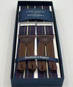 Albert Thurston for Cruciani & Bella Made in England Adjustable Sizing 40 mm Woven Barathea Blue, Brown Stripes Braid ends Y-Shaped Nickel Fittings Multifit