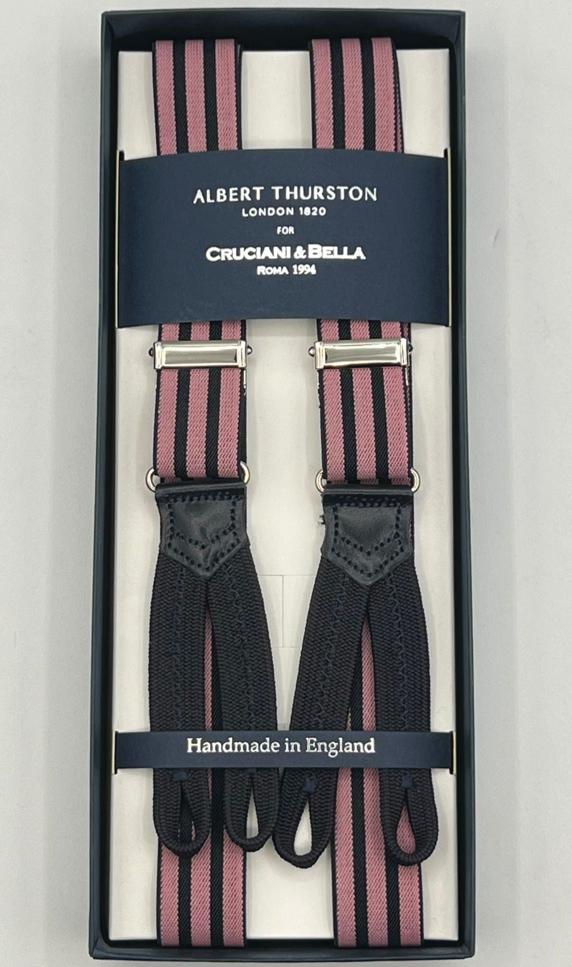 Albert Thurston for Cruciani & Bella Made in England Adjustable Sizing 25 mm elastic braces Pink, Blue Stripes Braid ends Y-Shaped Nickel  Fittings Size: L