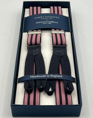 Albert Thurston for Cruciani & Bella Made in England Adjustable Sizing 25 mm elastic braces Pink, Blue Stripes Braid ends Y-Shaped Nickel  Fittings Size: L