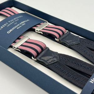 Albert Thurston for Cruciani & Bella Made in England Adjustable Sizing 25 mm elastic braces Pink, Blue Stripes Braid ends Y-Shaped Nickel  Fittings Size: L